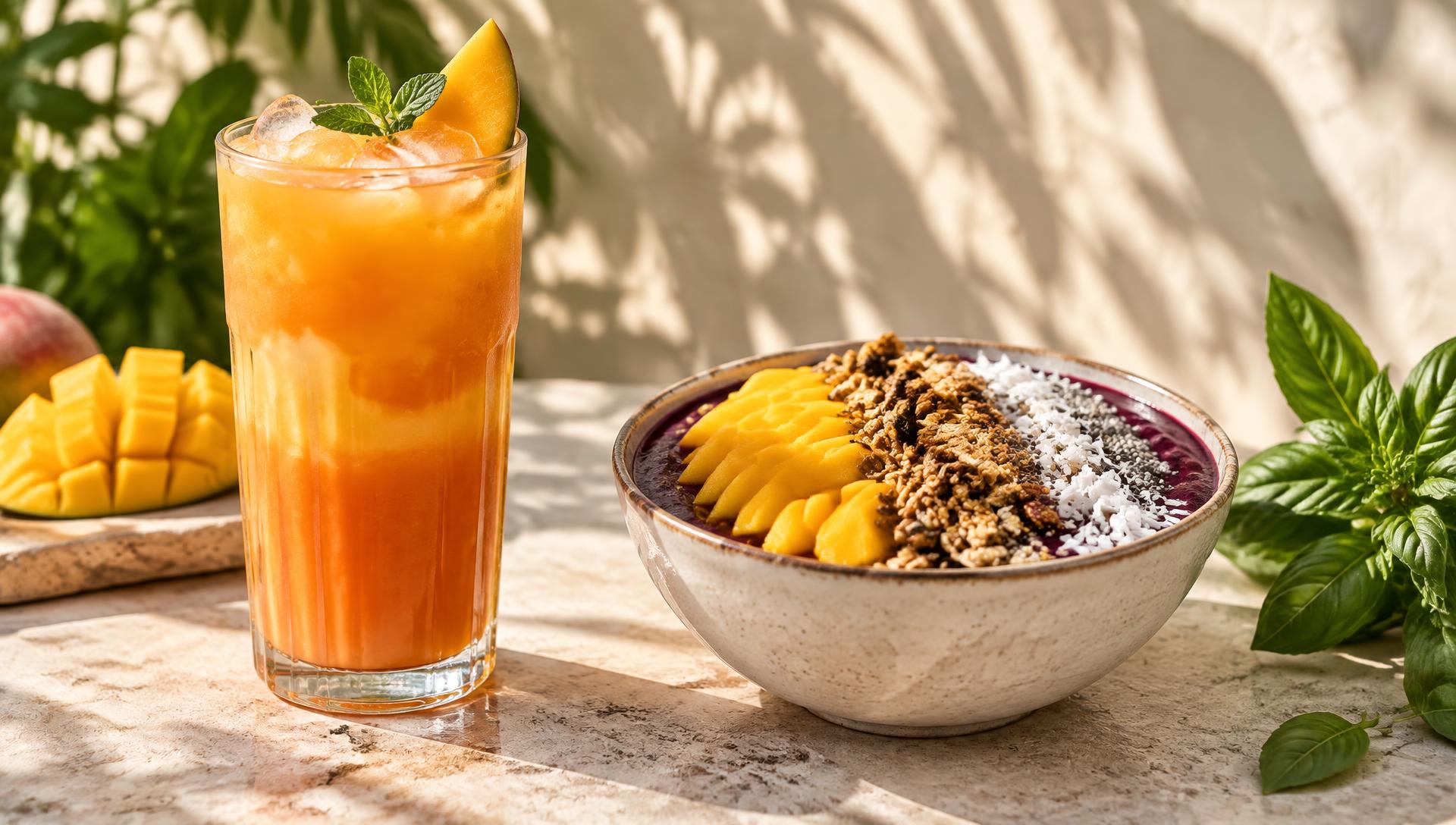 Concept photograph of an iced fruit drink beside a fruit-topped bowl